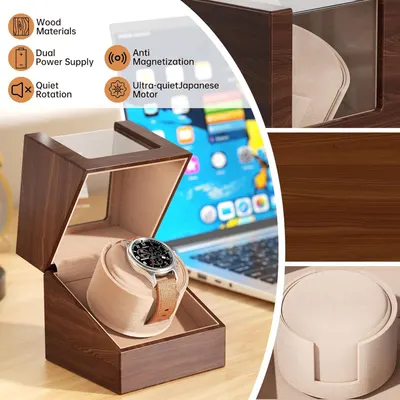 Communicates multiple technical features and benefits of the watch winder to reassure shoppers of its quality construction, quiet operation, and advanced functionality.