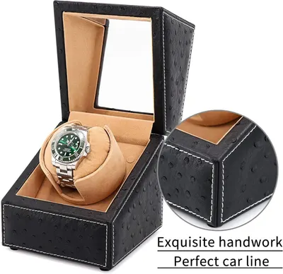 Highlights the exquisite handwork and perfect car line stitching of the watch winder box to communicate premium quality and luxury appeal to shoppers.