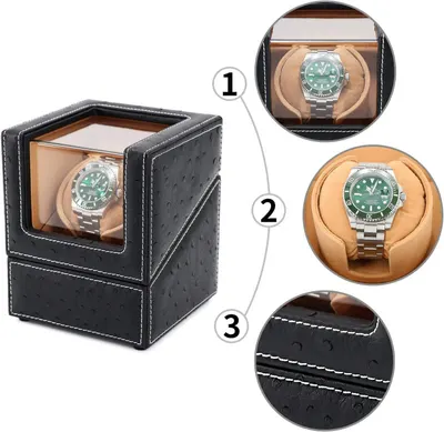 This image breaks down the watch winder's key physical components to help shoppers understand the product's construction quality and design details, including the viewing window, cushioned interior,…