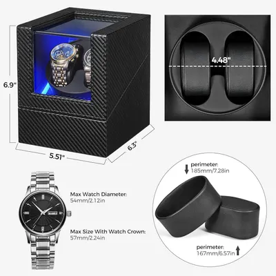 Communicates the physical dimensions of the watch winder box and the maximum watch sizes it can accommodate, helping shoppers determine if their watches will fit.