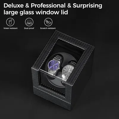 Communicates multiple protective features of the watch winder's glass window lid to reassure buyers of its durability and premium quality.