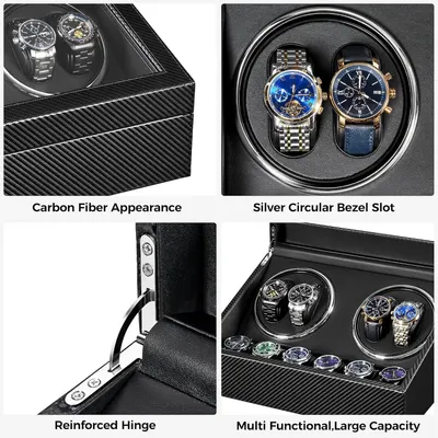 This image showcases multiple distinct design and functional features of the watch winder box to communicate quality, capacity, and durability to shoppers considering this storage solution.