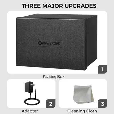 Shows the customer everything included in the package: the product in its premium packing box, a power adapter, and a cleaning cloth, helping set expectations for what they will receive.