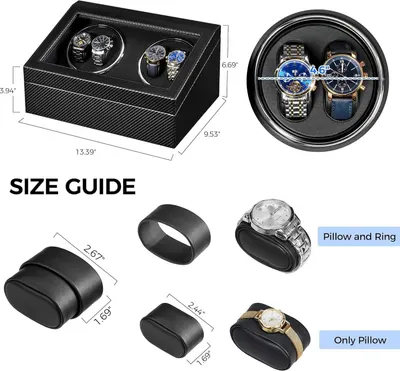 Provides exact physical measurements of the watch winder box and its internal components to help shoppers understand the product's size and ensure it fits their space and watch collection.