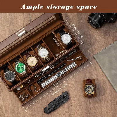 Shows the customer the complete storage solution with multiple compartments for watches, jewelry, and accessories, demonstrating the organizational capacity and layout of the product. Provides exact…
