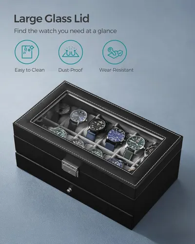 Highlights three distinct benefits of the large glass lid watch case to help shoppers quickly understand its key protective and maintenance features.