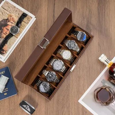 Shows the customer what is included with the purchase - a premium wooden watch storage case with multiple compartments for organizing a watch collection.