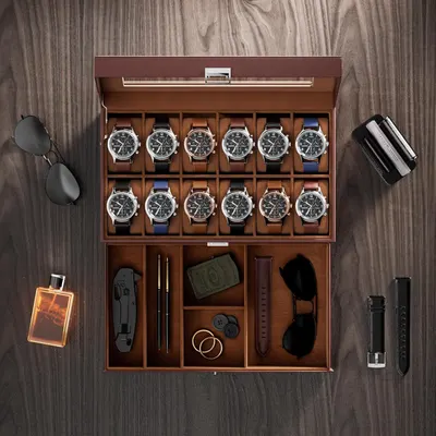 Demonstrates the complete package the customer receives, including a premium wooden watch organizer box with multiple watches and accessory compartments, emphasizing value and organization.