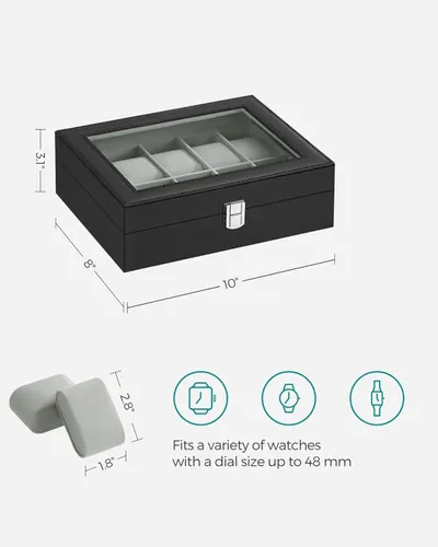 Communicates the exact physical dimensions of the watch box (10" x 8" x 3.3") and the size of the watch pillows (2.8" x 1.8") to help shoppers understand if it will fit their space and storage…