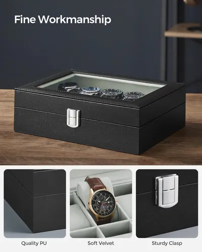 Highlights the physical construction and material quality of the watch box, showcasing the premium PU exterior, soft velvet lining, and secure metal clasp to reassure shoppers of the product's…