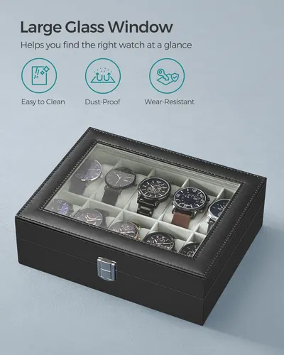 Highlights three distinct benefits of the large glass window feature, showing shoppers that the watch case offers easy maintenance, protection from dust, and durability.
