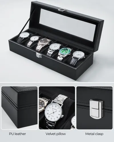 Highlights the premium construction and quality materials of the watch storage case, showcasing three distinct features (leather exterior, velvet interior, metal clasp) to communicate durability and…