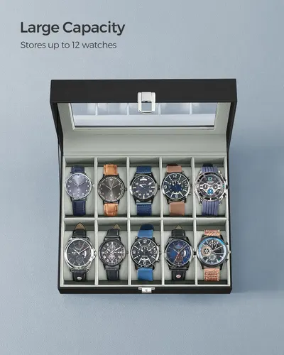 Communicates the storage capacity of the watch case, emphasizing that it can hold up to 12 watches, which reassures shoppers about the product's spaciousness and organizational capability.…