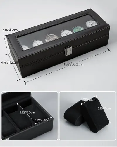 Communicates the exact physical dimensions of the watch storage box (length, width, height) and interior compartment sizes to help shoppers understand if it will fit their space and watches.