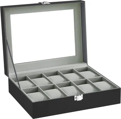 Shows the watch storage box with its compartments and glass lid in a clean, catalog-style presentation to help shoppers understand the product structure and capacity.