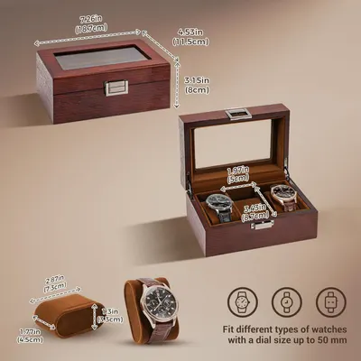 Provides exact measurements of the watch box exterior, interior compartments, and watch pillows to help shoppers understand the physical size and storage capacity of the product. Demonstrates that…