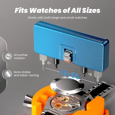 Demonstrates the physical components and mechanical features of the watch winder tool, highlighting its adjustable sizing mechanism (15-55mm range), smooth rotation capability, and stable…