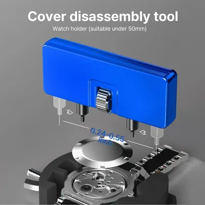 Demonstrates how to use the cover disassembly tool to remove watch backs, showing the tool's positioning and compatibility with watches under 50mm. Communicates the specific size range (0.24-0.55…