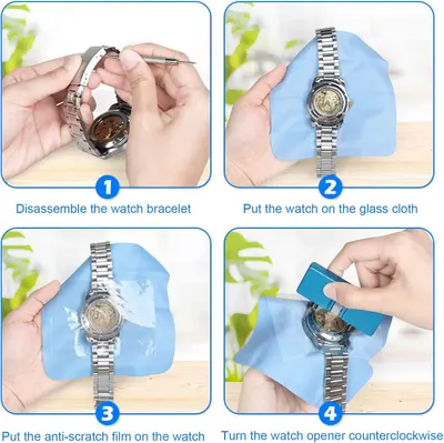 This image provides step-by-step instructions on how to disassemble, clean, and apply protective film to a watch, helping shoppers understand the maintenance process and ease of care.