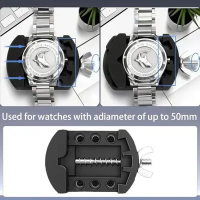 Demonstrates how to use the watch adjustment tool by showing the watch positioned in the device, helping shoppers understand the setup and operation process. Communicates the physical size…