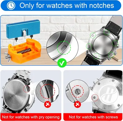 Communicates which watch types are compatible with this tool, showing it works only with notched watches and not with pry-opening or screw-back watches to prevent incorrect purchases. Shows the…