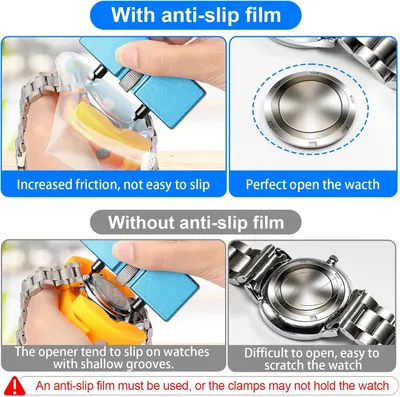 Demonstrates the superiority of the product with anti-slip film versus without it, showing how the anti-slip film provides better grip and easier watch opening while preventing slippage and scratches.