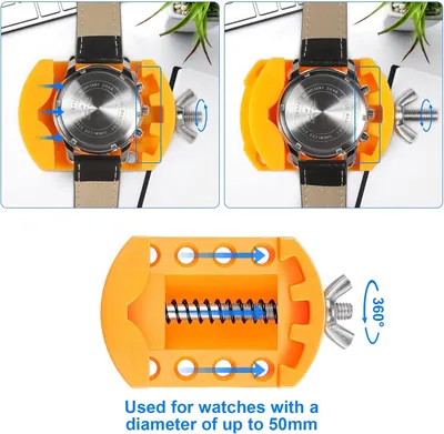 Demonstrates how to use the orange watch band adjustment tool to hold and work on watches, showing the step-by-step process and compatibility with watches up to 50mm diameter. Shows the tool's…