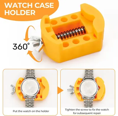 Demonstrates how to use the watch case holder tool by showing the step-by-step process of placing a watch on the holder and tightening the screw to secure it for repair work.