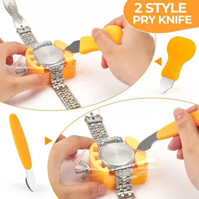 Demonstrates how to use the watch repair tool with two different pry knife styles, showing the product's versatility and ease of use for watch maintenance tasks. Shows the product can be used in…