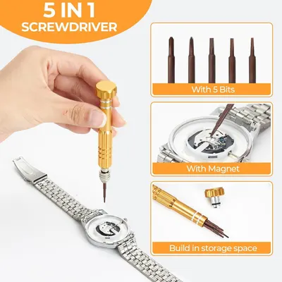 Communicates the multi-functional nature of the screwdriver by highlighting three distinct benefits in a segmented layout: versatility with 5 bits, magnetic functionality for precision work, and…