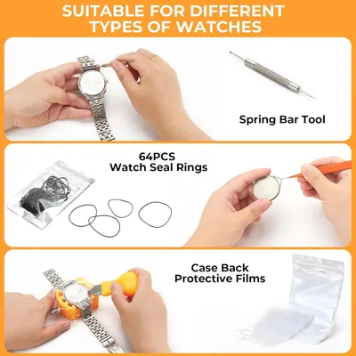 Shows all the accessories and tools included in the watch repair kit to reassure shoppers they're getting a complete set for different types of watches.