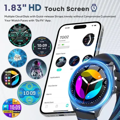Highlights the smartwatch's 1.83-inch HD touch screen and the ability to customize watch faces through the Da Fit app, emphasizing personalization and modern design options.