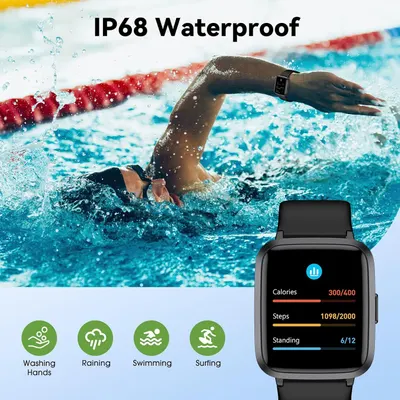 Communicates that the smartwatch is IP68 waterproof certified and safe to use in various water environments including swimming, surfing, rain, and handwashing, reassuring shoppers about durability…
