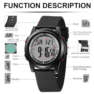 This image breaks down the digital watch by labeling all its physical components and functional features, helping shoppers understand what each button, display element, and strap feature does.