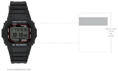 Communicates the physical size of the watch case (46.7 MM) and provides a credit card comparison to help shoppers visualize the actual dimensions and scale of the product.