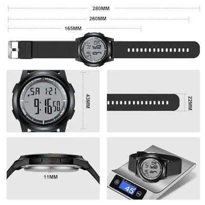 Provides exact dimensional measurements of the watch and band (280mm, 260mm, 165mm, 43mm, 22mm, 11mm) to help shoppers understand the physical size and fit of the product.