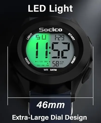 Communicates the physical size of the watch face (46mm) to help shoppers understand the product's dimensions and visual presence on the wrist. Highlights the LED backlight feature and extra-large…