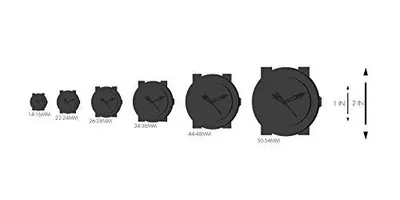 Shows the range of available watch case sizes with exact millimeter measurements to help shoppers choose the right fit for their wrist.