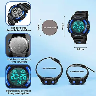 Communicates the physical size of the watch (height, width, and wrist circumference measurements) to help shoppers determine if it will fit properly, especially for children. Highlights multiple…