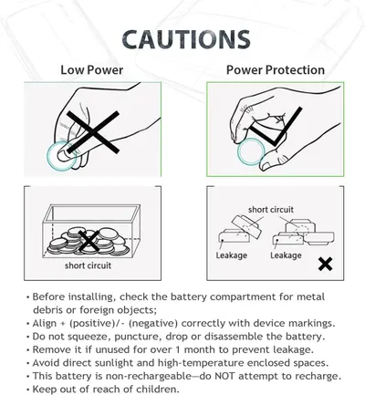 This image communicates critical battery safety warnings and proper handling instructions to prevent hazards like short circuits, leakage, and improper installation, ensuring safe product use.