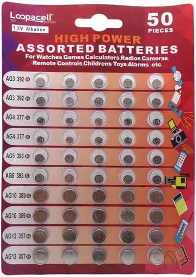 Shows the complete assortment of 50 batteries included in the package, organized by size and type, to help shoppers understand the variety and quantity they will receive.