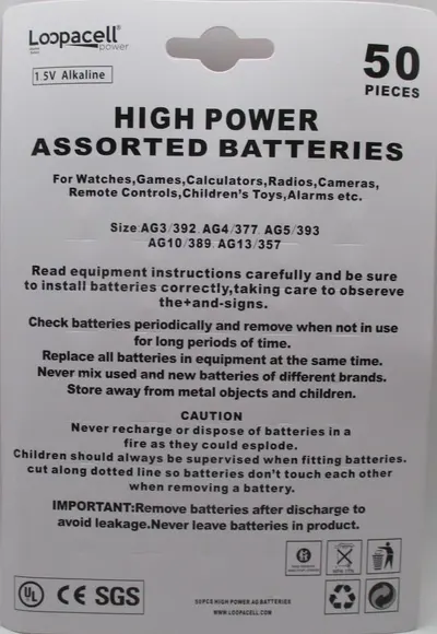 Communicates the quantity and variety of batteries included in the package, showing shoppers they receive an assorted set of 50 batteries in various sizes for different devices.
