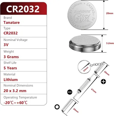 Provides detailed physical specifications including dimensions (20mm x 3.2mm), weight (3 grams), and visual scale references to help shoppers understand the exact size of the CR2032 battery.
