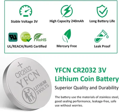 Communicates multiple key benefits and certifications of the CR2032 lithium coin battery in a segmented layout to reassure shoppers of its performance, safety, and environmental responsibility.…