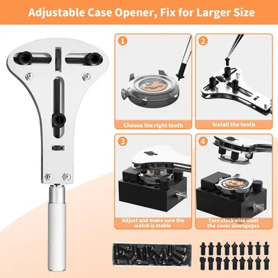 Provides clear step-by-step instructions on how to assemble and use the adjustable case opener tool, showing shoppers the setup process from selecting the right tooth to successfully opening a watch…