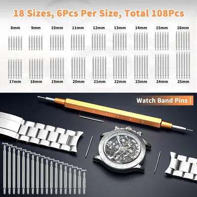 Shows the complete contents of the watch band pin kit, emphasizing the comprehensive size range (18 sizes, 6 pieces per size, 108 total pieces) and included tool to reassure buyers they have…