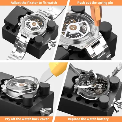 This image provides a clear 4-step instructional guide showing how to use the watch repair tool kit to service a watch, from fixing the watch in place to replacing the battery. It reassures shoppers…
