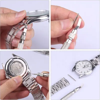 Demonstrates step-by-step how to remove and adjust watch bands using the included tool, reassuring shoppers that the product is easy to use and maintain.