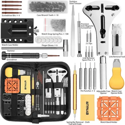 Shows the customer everything included in the watch repair kit purchase, demonstrating the comprehensive value and variety of tools they will receive.