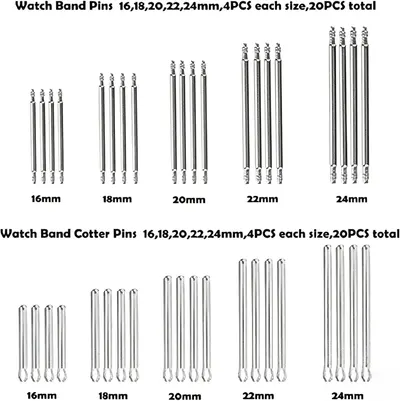 Shows the complete contents of the watch band pin kit, displaying all included sizes (16mm, 18mm, 20mm, 22mm, 24mm) and types (band pins and cotter pins) to help shoppers understand exactly what…
